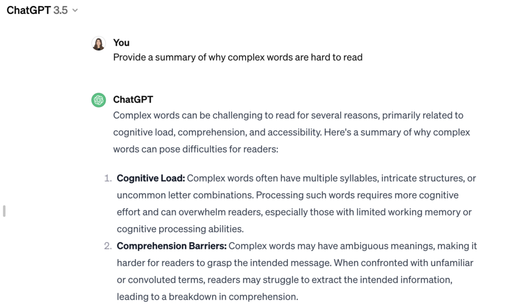ChatGPT query, 'provide a summary of why complex words are hard to read.' Example of a content summary query for idea generation